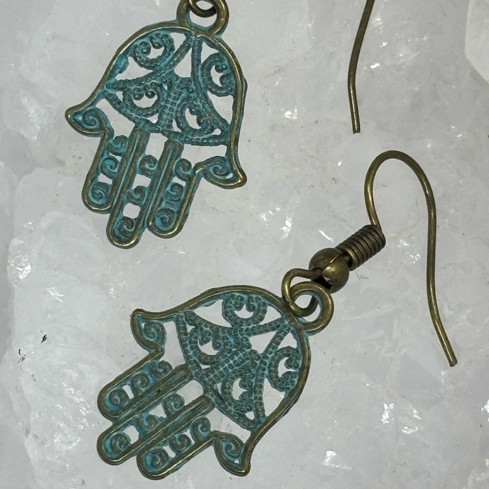 FREE! With purchase; bundle. Hamsa Hand Dangle Earrings in Verdigris Green